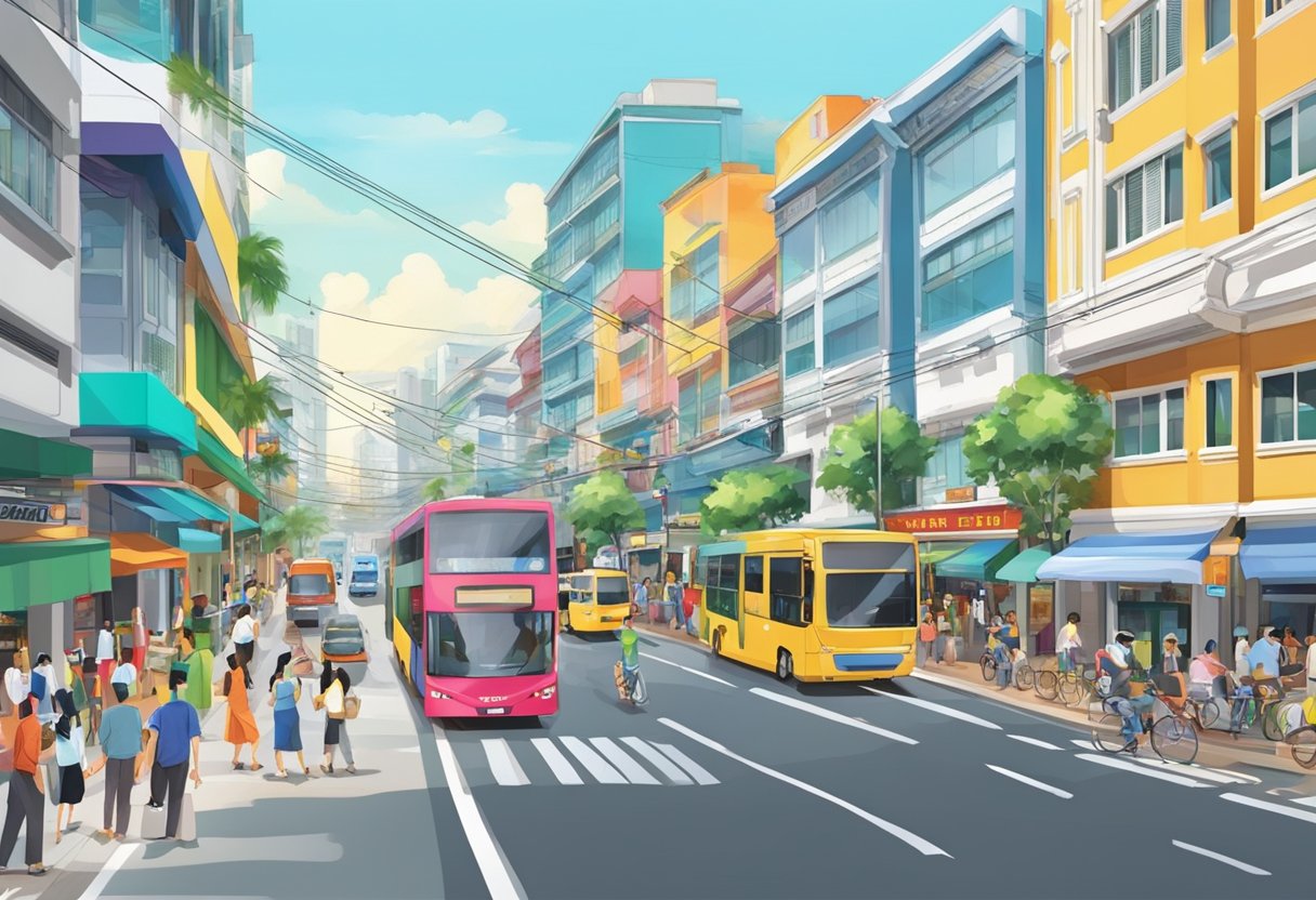 A bustling street in Ubi Road 1, Singapore with colorful shopfronts and busy traffic