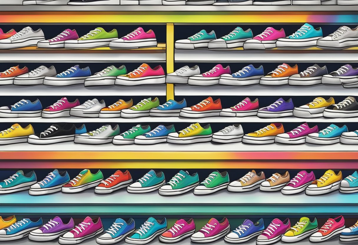 A colorful display of Converse sneakers arranged on shelves in a trendy Singaporean shoe store. Bright lights illuminate the iconic logo and vibrant shoe designs