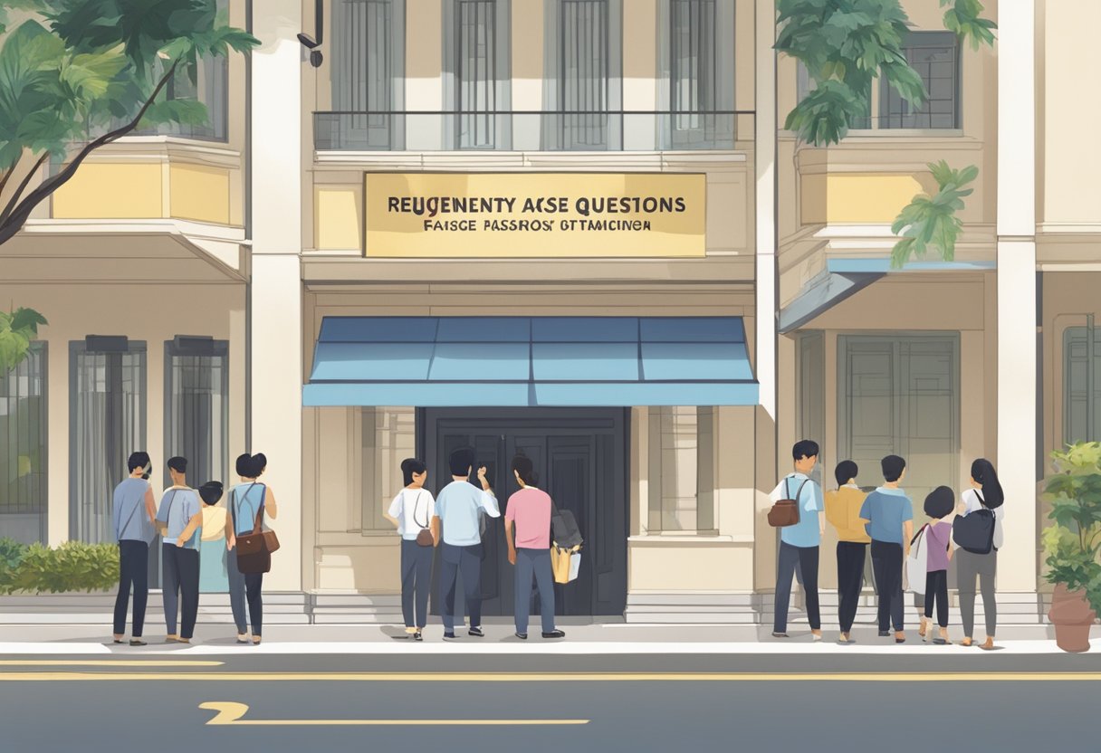 People lining up outside the Taiwan Embassy in Singapore, with a sign displaying "Frequently Asked Questions" prominently placed at the entrance