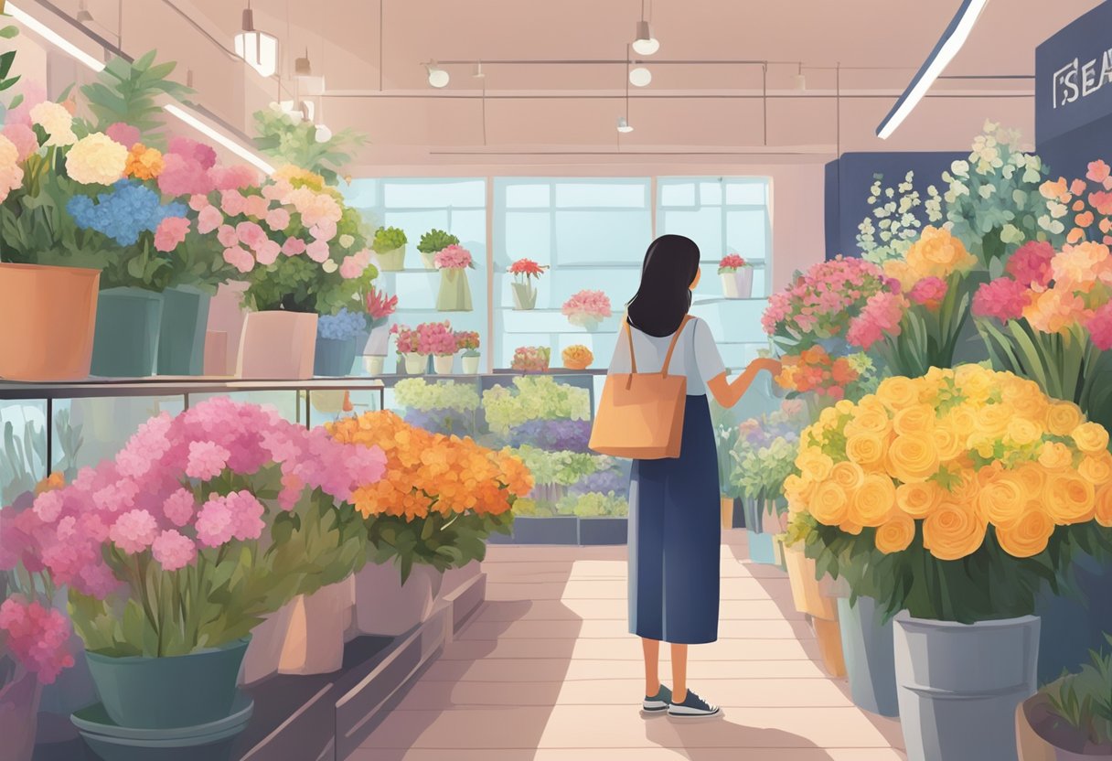 A customer browsing through colorful flower arrangements at a Singapore florist shop, carefully considering options for a special occasion