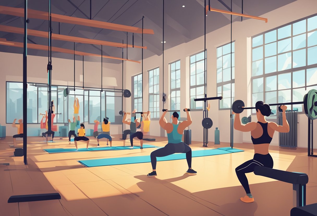 A group of people practicing calisthenics in a spacious, well-lit gym. They are performing various bodyweight exercises, such as pull-ups, push-ups, and squats, with focused determination. The atmosphere is energetic and motivational, with