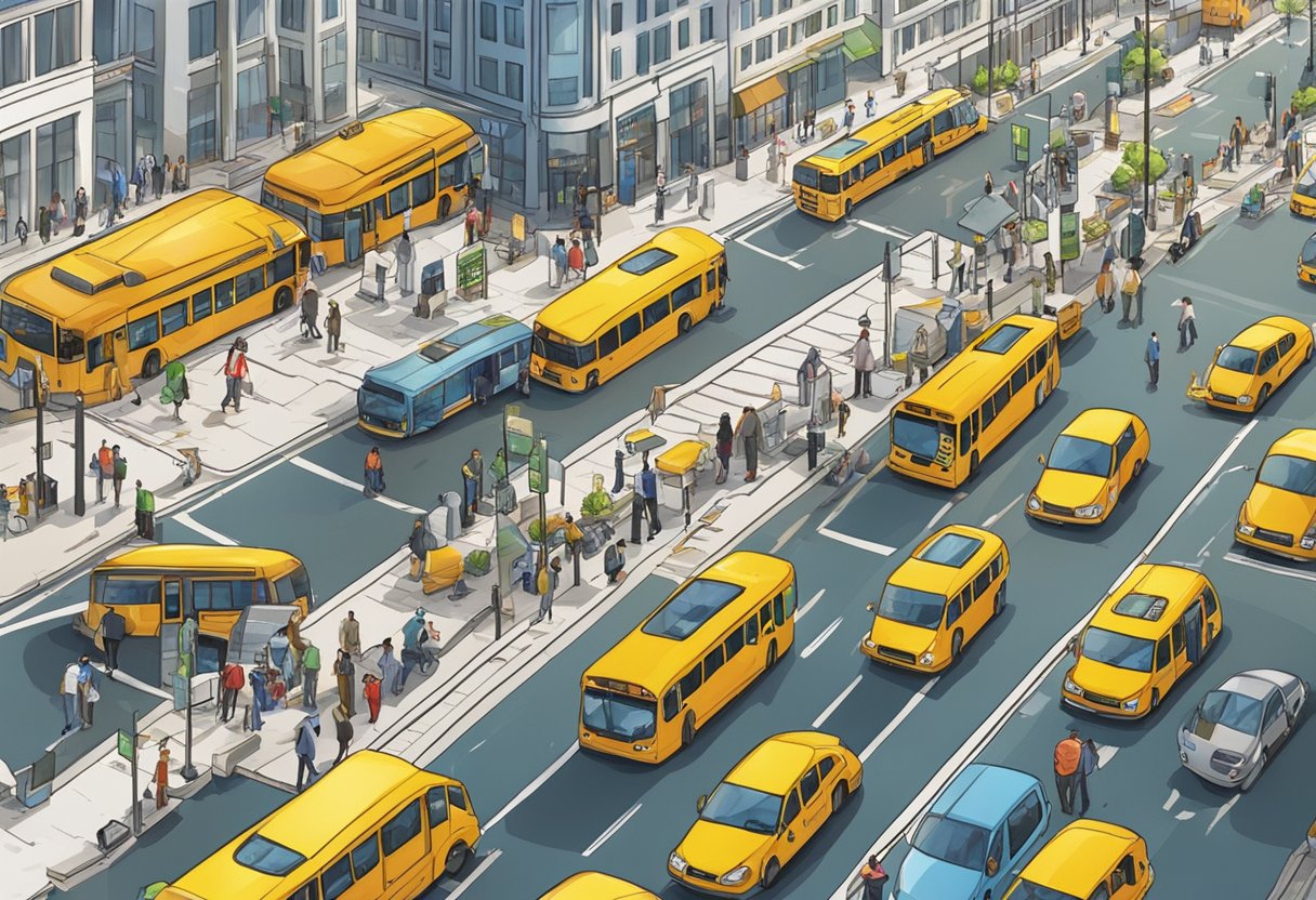 A bustling street with buses and taxis, wheelchair ramps, and pedestrian crossings