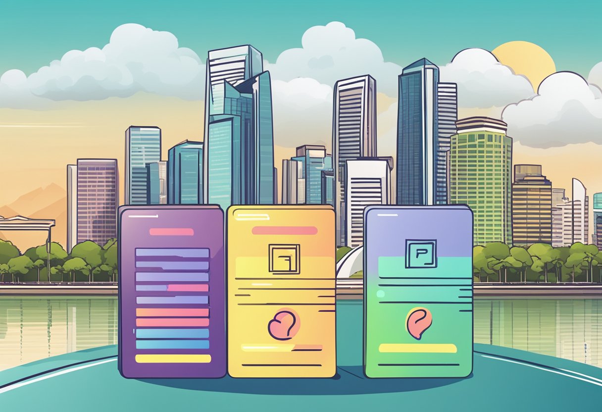 A stack of colorful question cards with the words "Frequently Asked Questions" on top, against a backdrop of the iconic Singapore skyline
