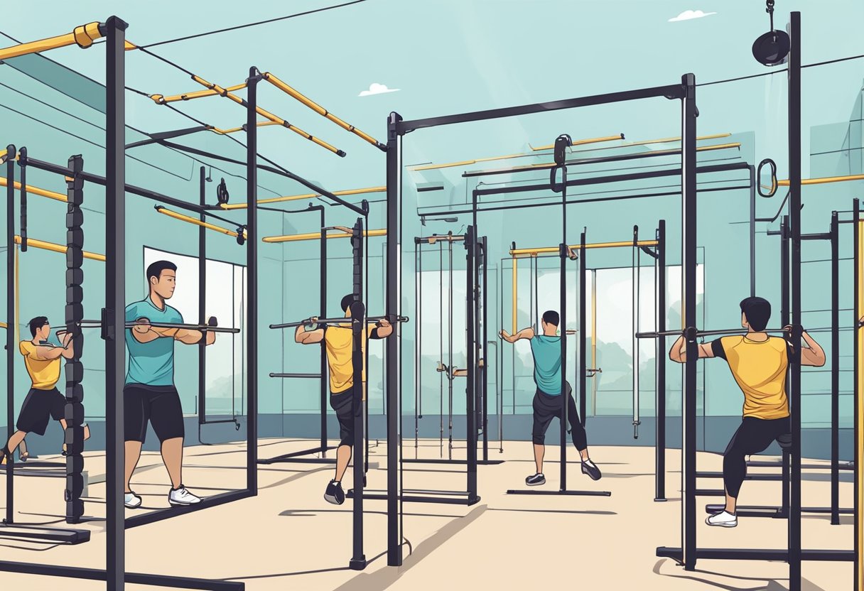 A group of people are training at the Singapore Calisthenics Academy, using bars, rings, and other equipment to perform various bodyweight exercises