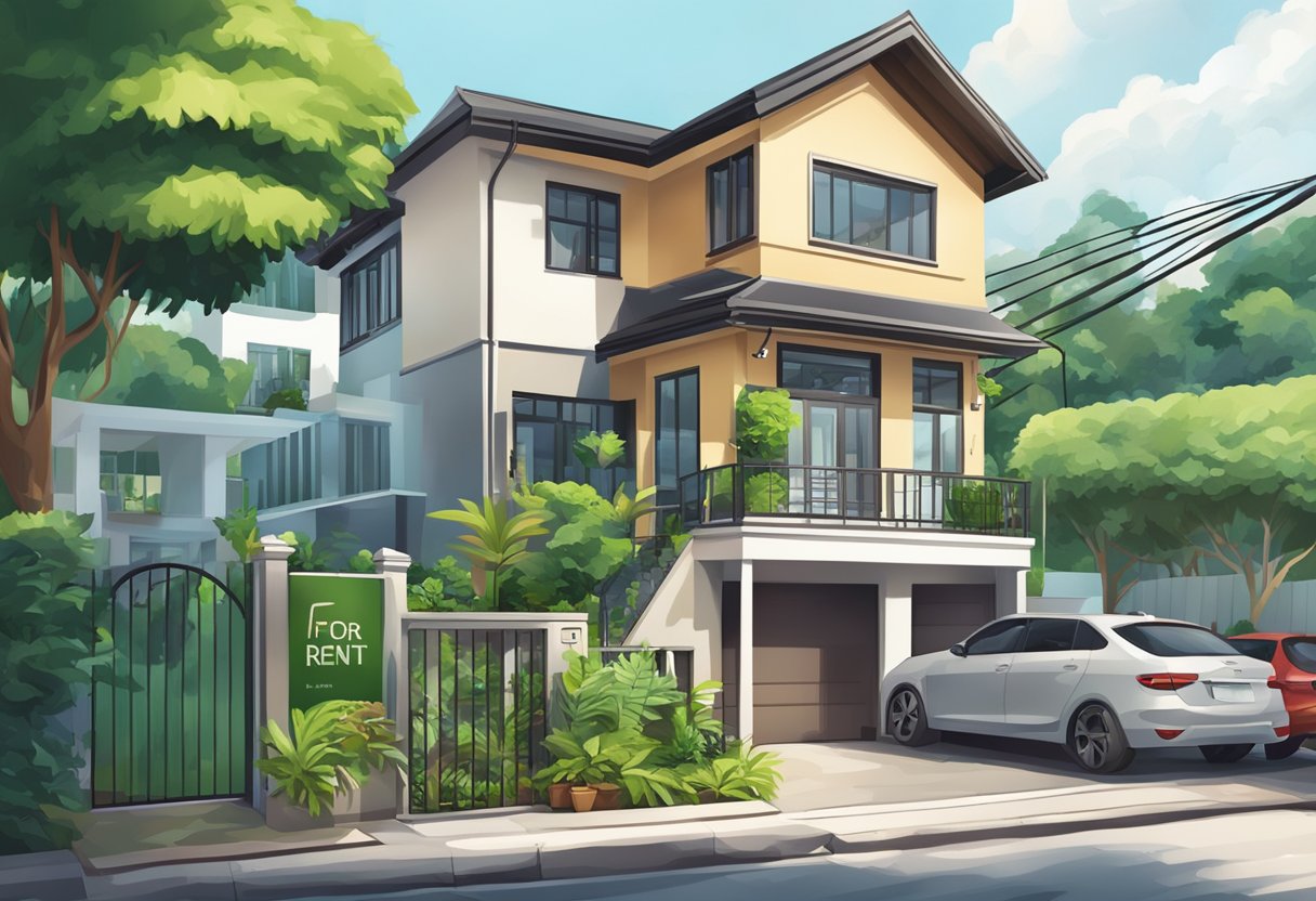 A cozy house with a "For Rent" sign in a bustling Singapore neighborhood, surrounded by lush greenery and modern amenities
