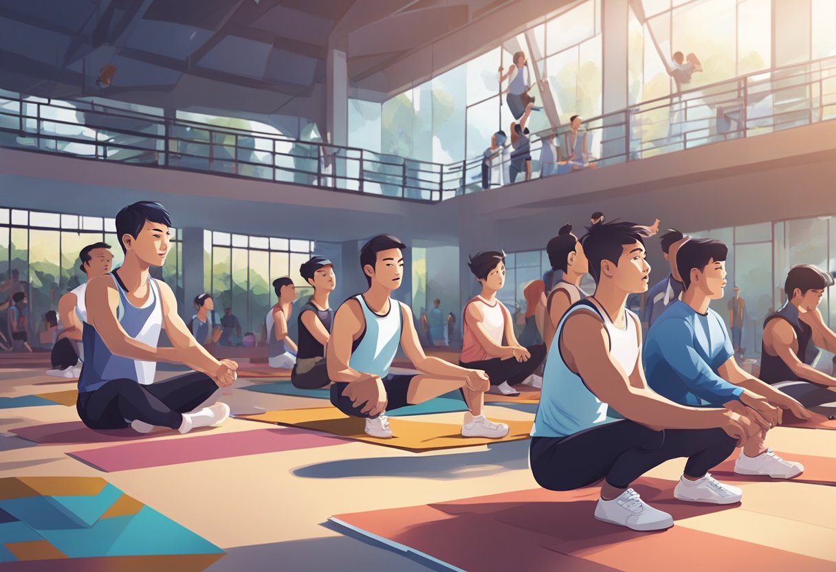 People gather at the Singapore Calisthenics Academy, asking questions and receiving guidance from instructors. The atmosphere is energetic and focused