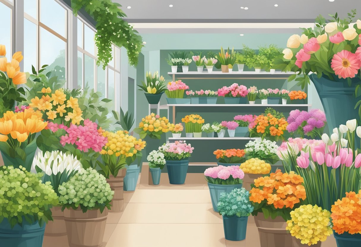 A vibrant array of fresh flowers and greenery arranged in elegant vases and baskets at a florist shop in Singapore