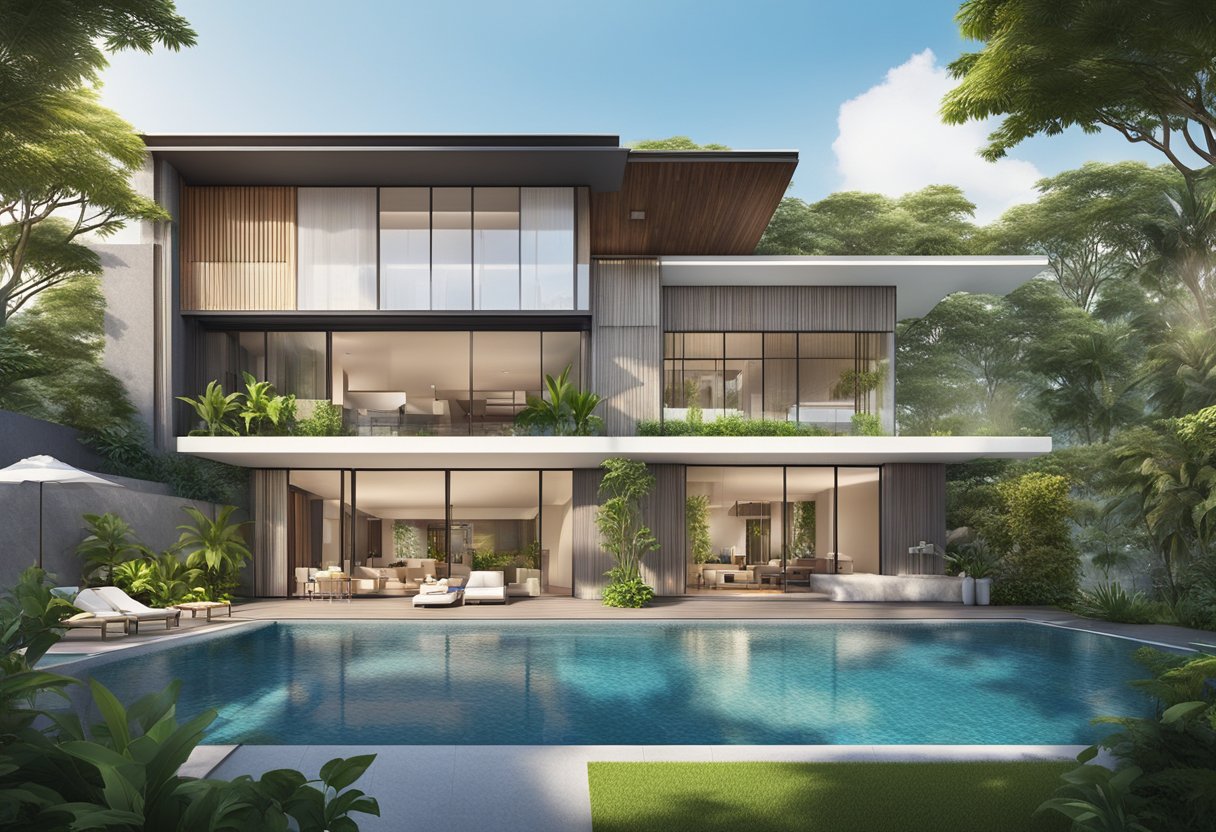 A spacious house in Singapore with a swimming pool, garden, and modern amenities