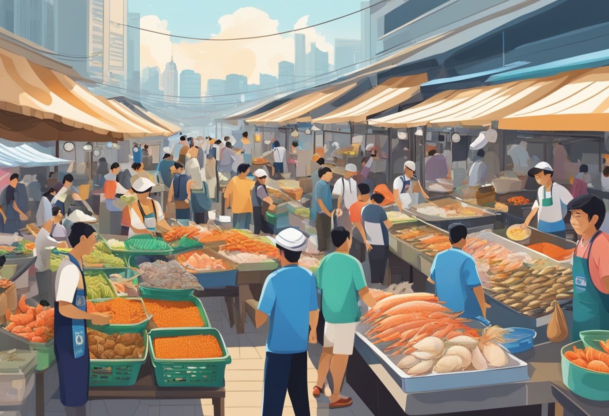 A bustling seafood market with colorful displays of fresh fish and shellfish, surrounded by busy customers and vendors in the heart of Singapore