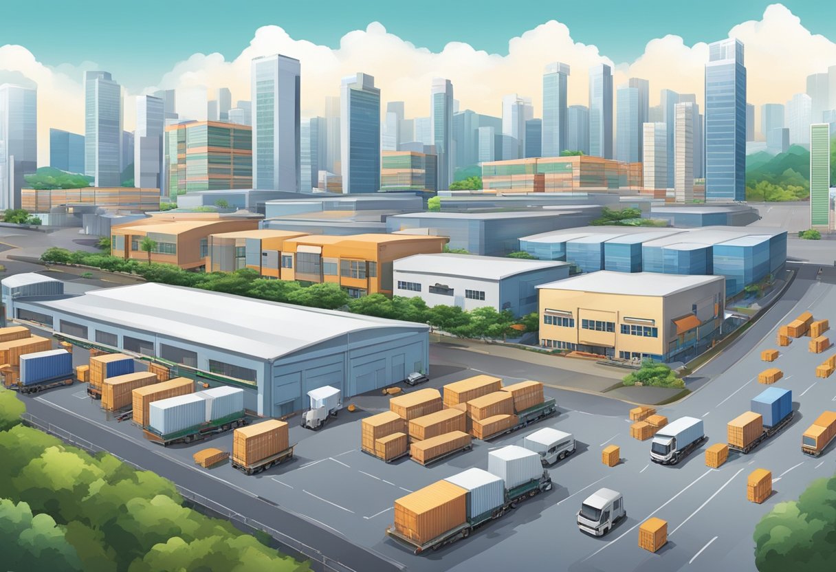 A bustling industrial park in Ubi Road 1, Singapore. Warehouses, factories, and office buildings line the street, with trucks and forklifts moving goods
