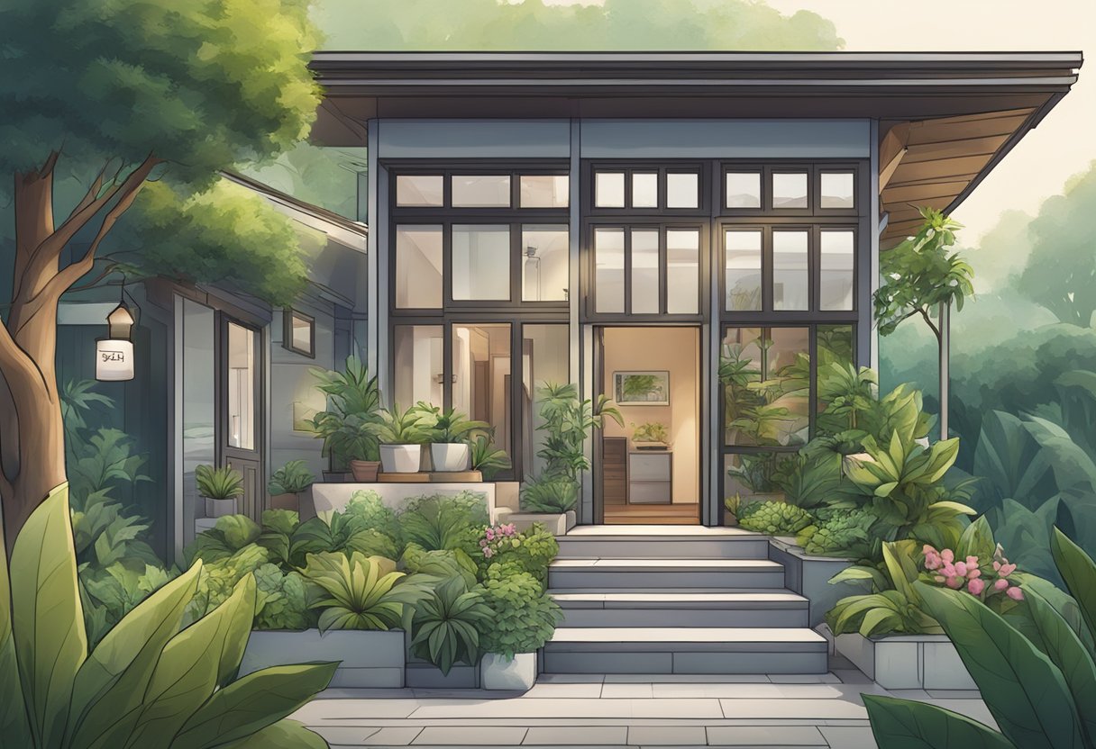 A cozy house with a "Frequently Asked Questions" sign, surrounded by lush greenery in Singapore