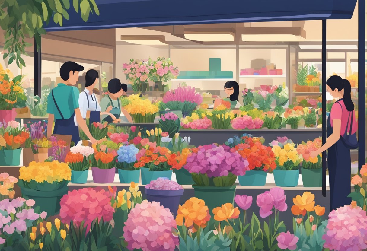 A bustling flower shop in Singapore, with vibrant blooms arranged in colorful displays. Customers browse the selection, while staff members assist with inquiries