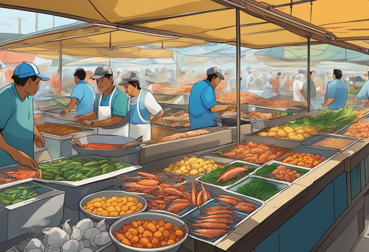 A bustling seafood market with colorful displays of fresh fish, crabs, and lobsters. Customers eagerly point to their selections while vendors call out prices and make deals. The air is filled with the sounds of sizzling woks and the tantalizing aroma