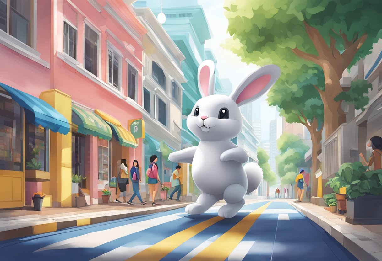 A paper bunny hops through a vibrant Singapore street, engaging with passersby and inviting them to interact with it