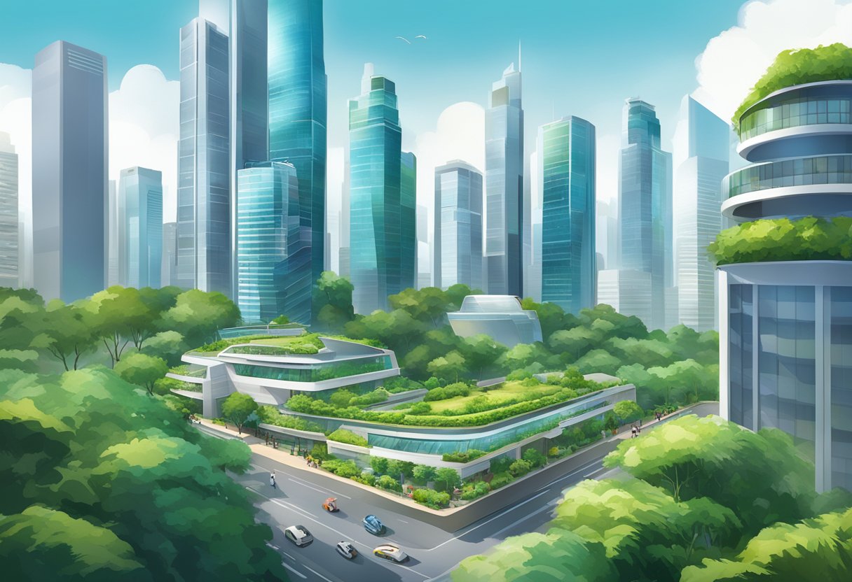 A bustling cityscape with iconic skyscrapers and lush greenery, showcasing the modern and vibrant atmosphere of Neste Singapore
