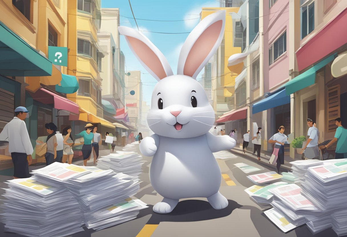 A paper bunny hops through a bustling Singapore street, surrounded by stacks of Frequently Asked Questions documents