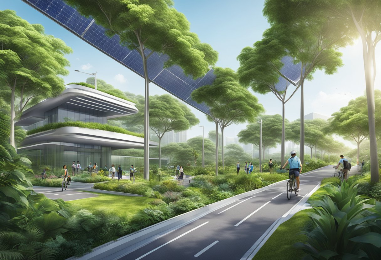 Neste's Singapore expansion: A futuristic, eco-friendly facility with lush greenery, solar panels, and sustainable infrastructure