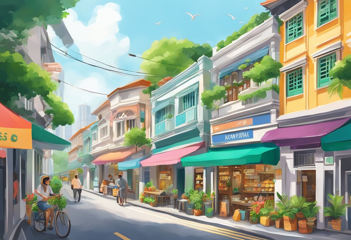 A bustling street in Singapore, with colorful shop fronts and vibrant signs, surrounded by lush greenery and traditional architecture
