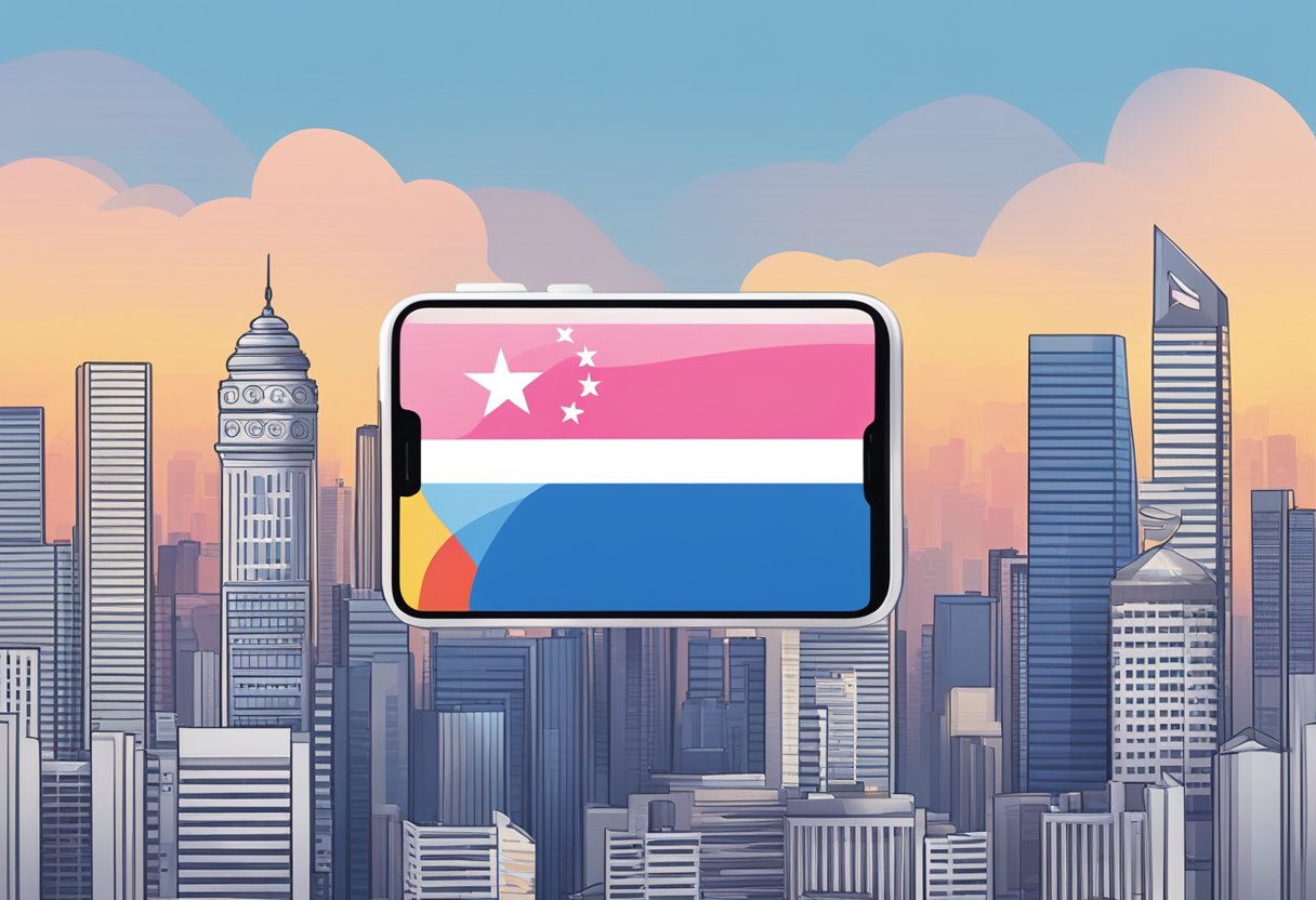 A smartphone with the Revolut app open, a Singaporean flag, and a skyline of Singapore in the background