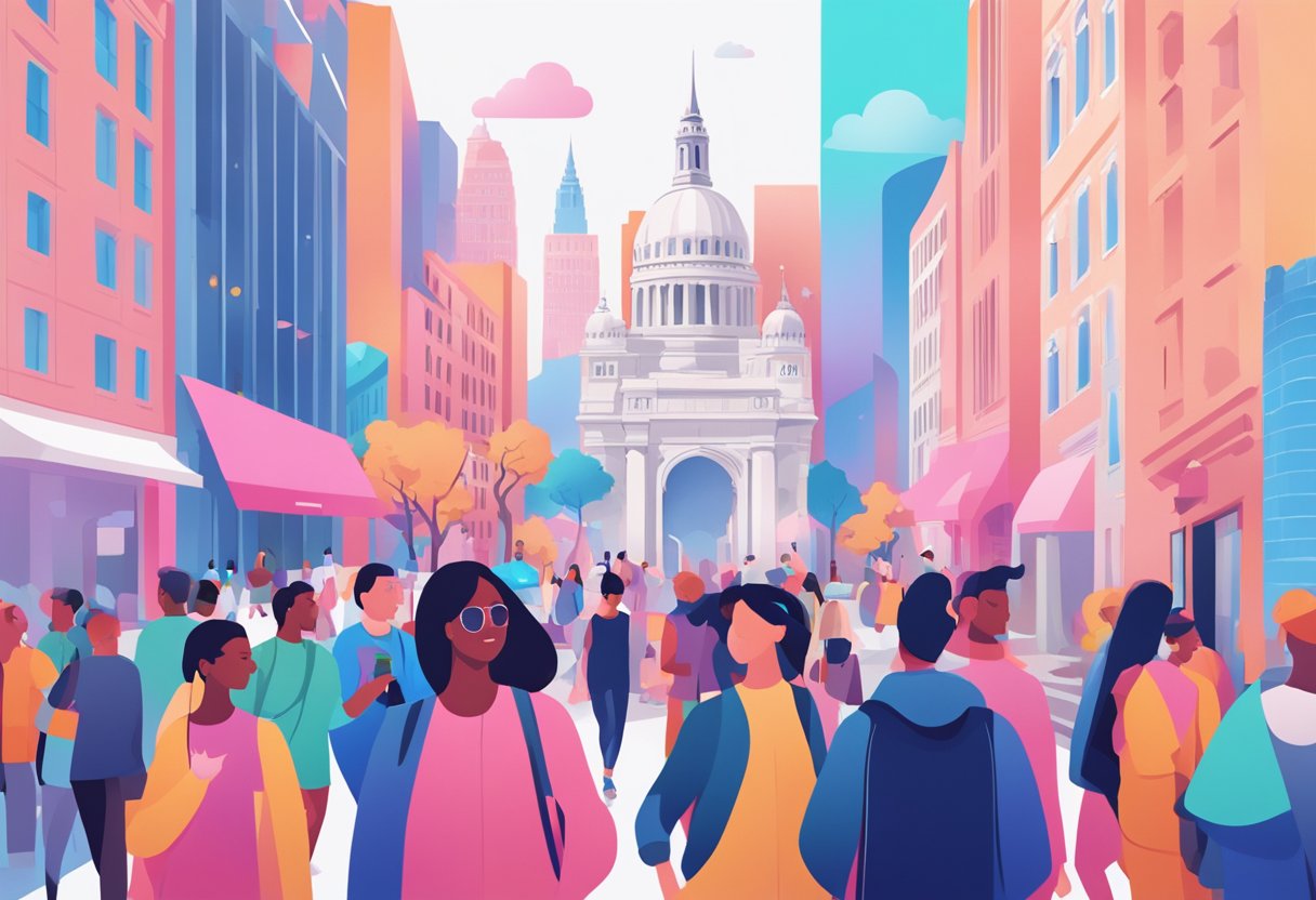 A bustling cityscape with iconic landmarks and a diverse group of people using Revolut's financial services