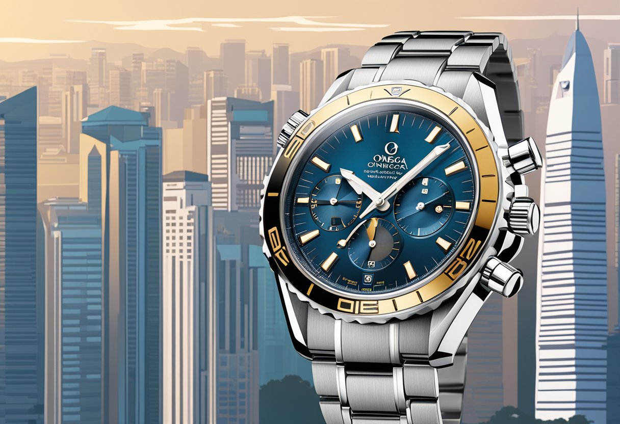 An Omega watch displayed against the backdrop of the iconic Singapore skyline