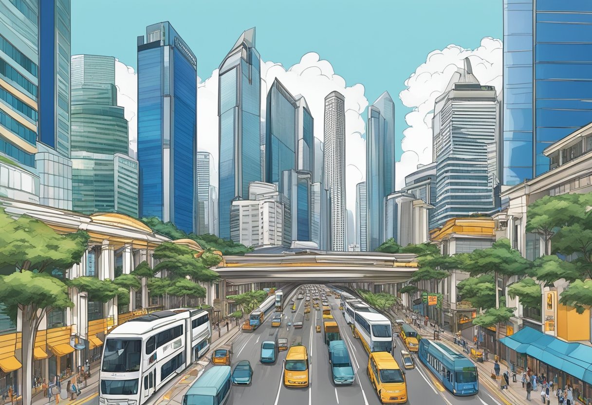 The bustling Raffles Place in Singapore is a modern cityscape with towering skyscrapers, bustling traffic, and a mix of contemporary architecture