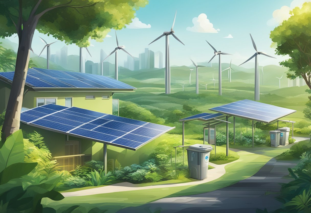 A lush green landscape with solar panels, wind turbines, and recycling bins, showcasing Neste Singapore's commitment to environmental impact and sustainability efforts