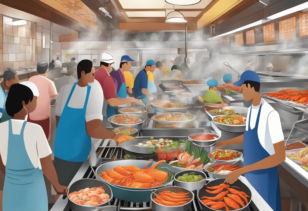 A bustling seafood restaurant with colorful displays of fresh fish, crabs, and lobsters. Customers enjoy steaming hot pots and sizzling grilled specialties