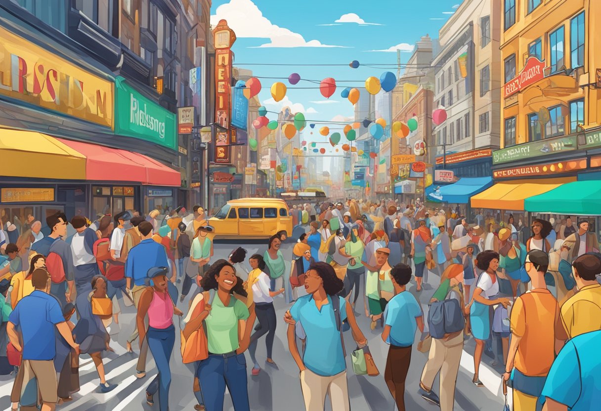 A bustling city street with vibrant signs, bustling crowds, and lively entertainment venues
