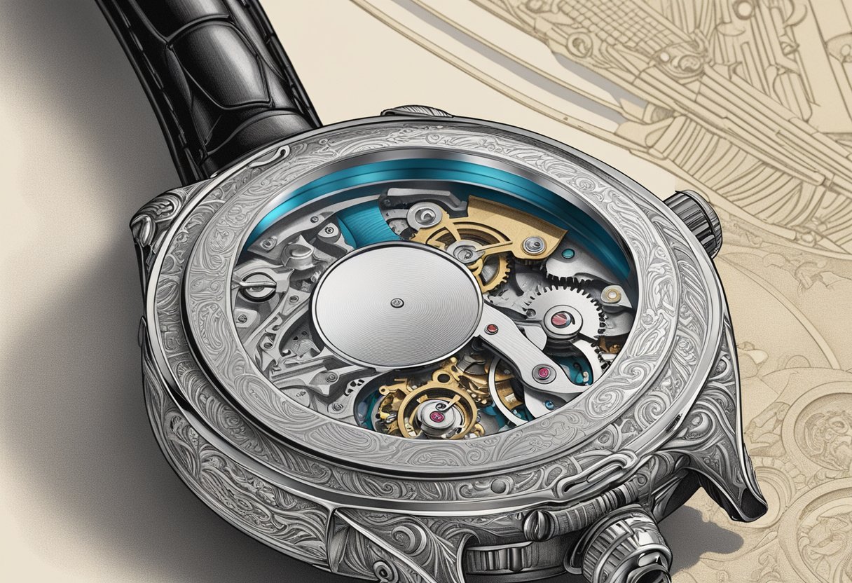 A magnifying glass reveals intricate engravings on the back of an Omega watch, hinting at its rich heritage