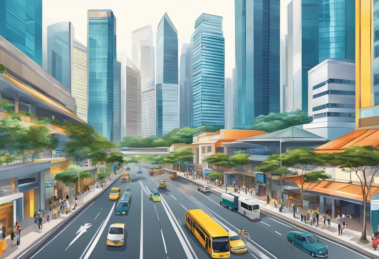 A bustling cityscape of modern buildings and vibrant streets, capturing the energy and diversity of Singapore's urban landscape