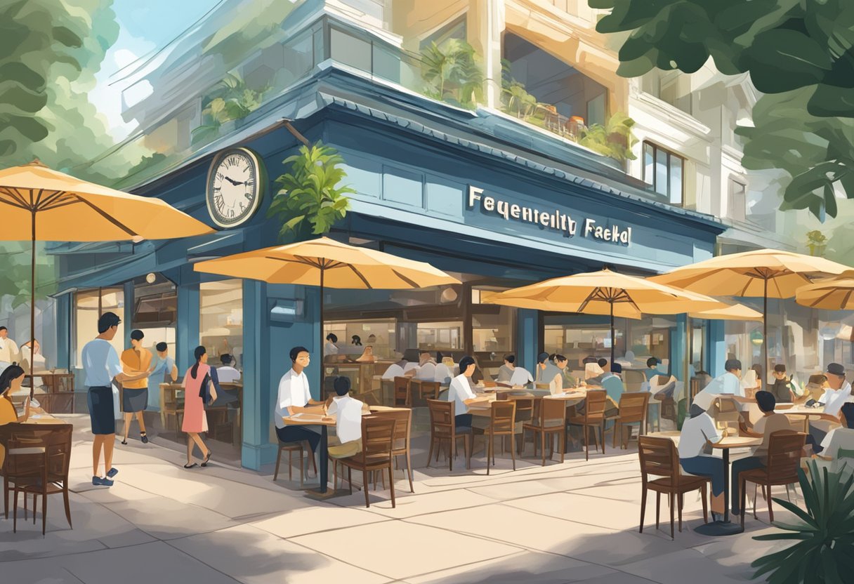 A bustling seafood restaurant with a large sign reading "Frequently Asked Questions" in Singapore. Outdoor seating and a busy atmosphere