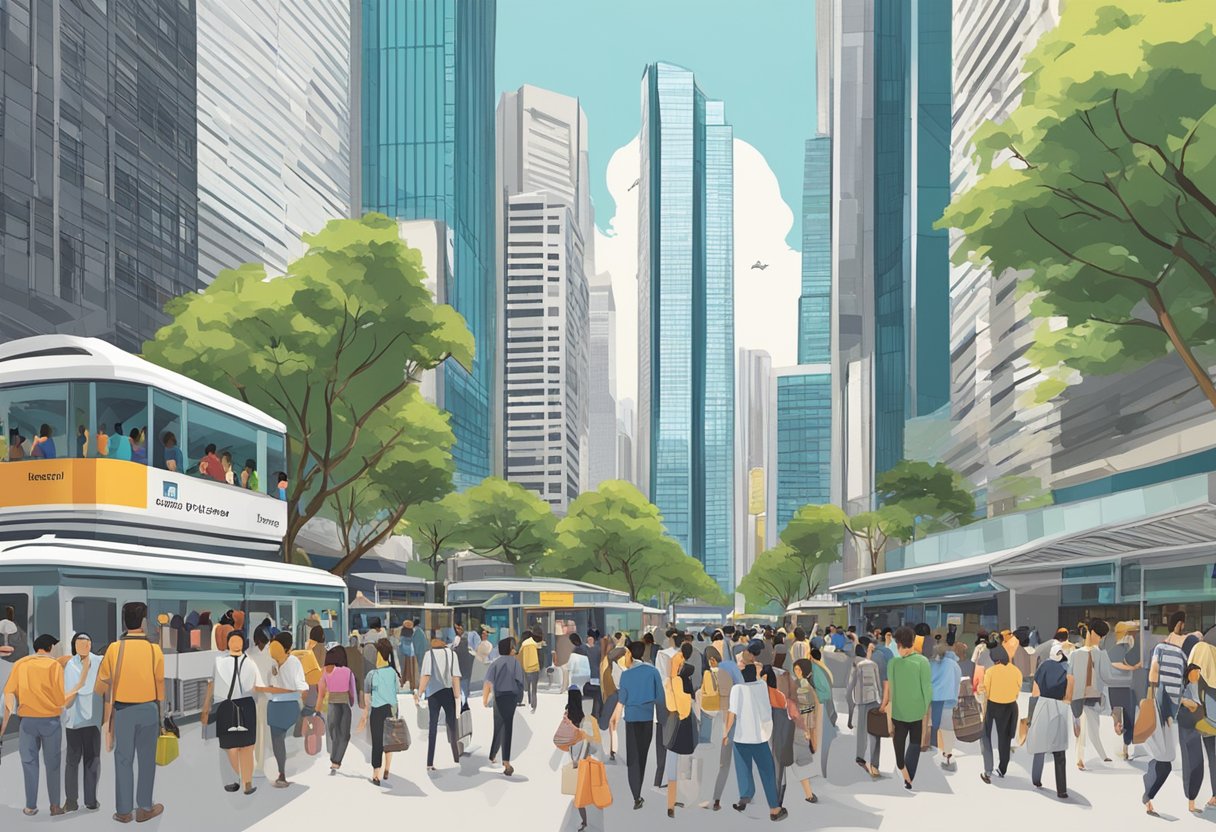 A bustling urban scene with skyscrapers, bustling crowds, and a prominent sign for "Frequently Asked Questions" in Raffles Place, Singapore