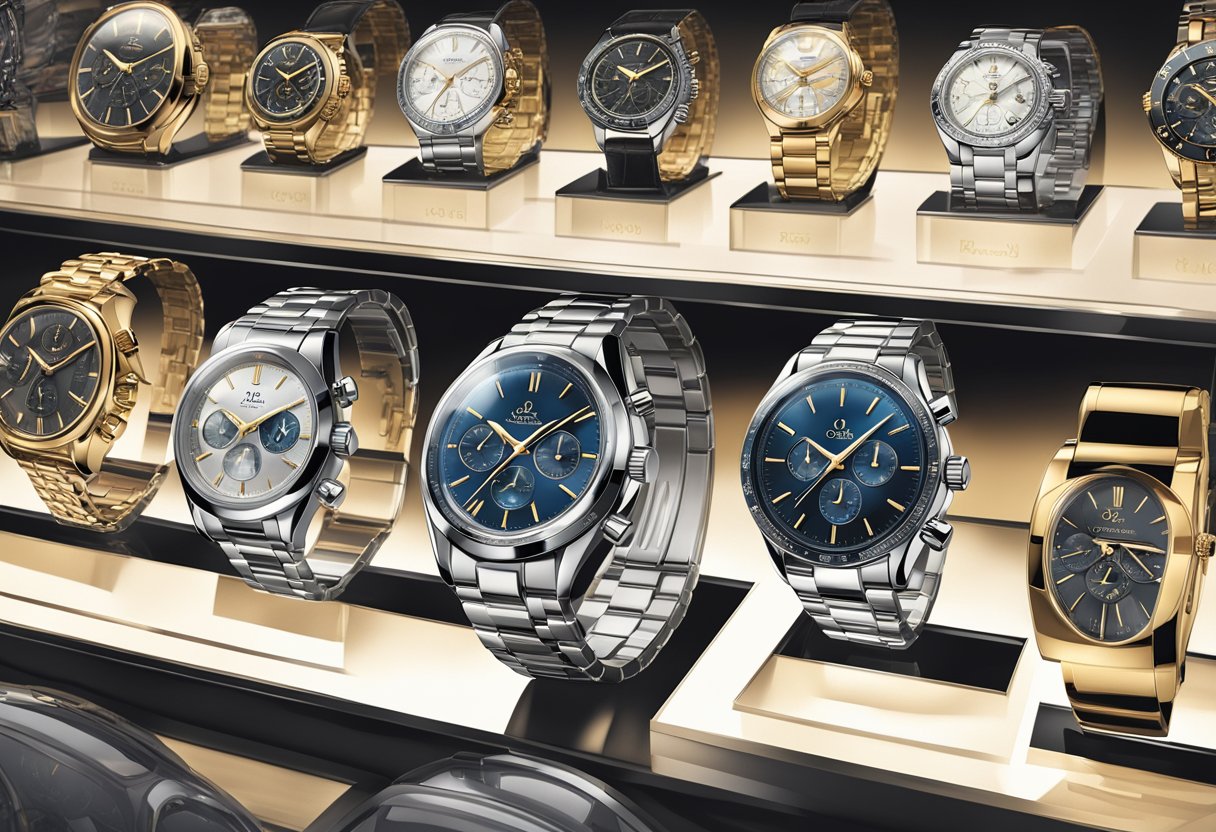 A sleek Omega watch displayed in a glass case, surrounded by other luxurious timepieces. Bright lighting highlights the intricate details of each watch