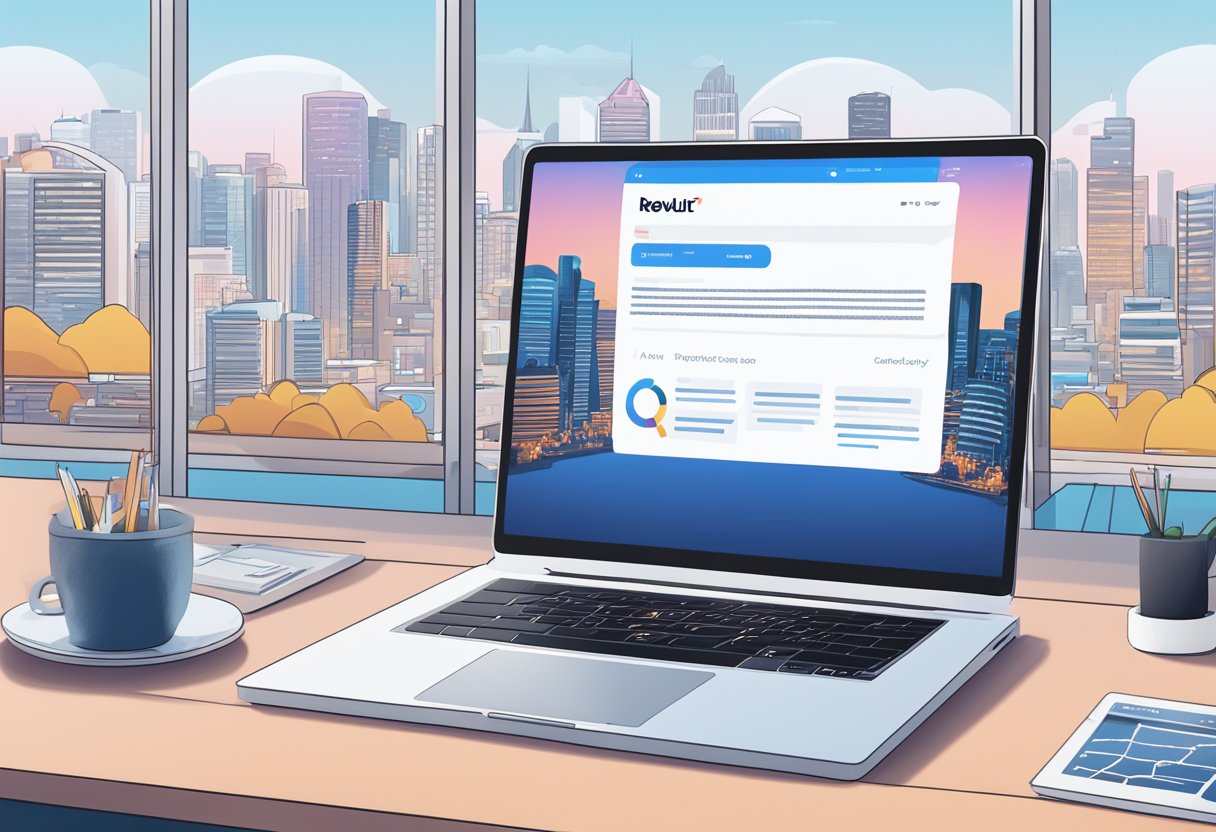 A laptop displaying the Revolut Singapore homepage with a list of frequently asked questions, surrounded by a modern office desk and a city skyline in the background