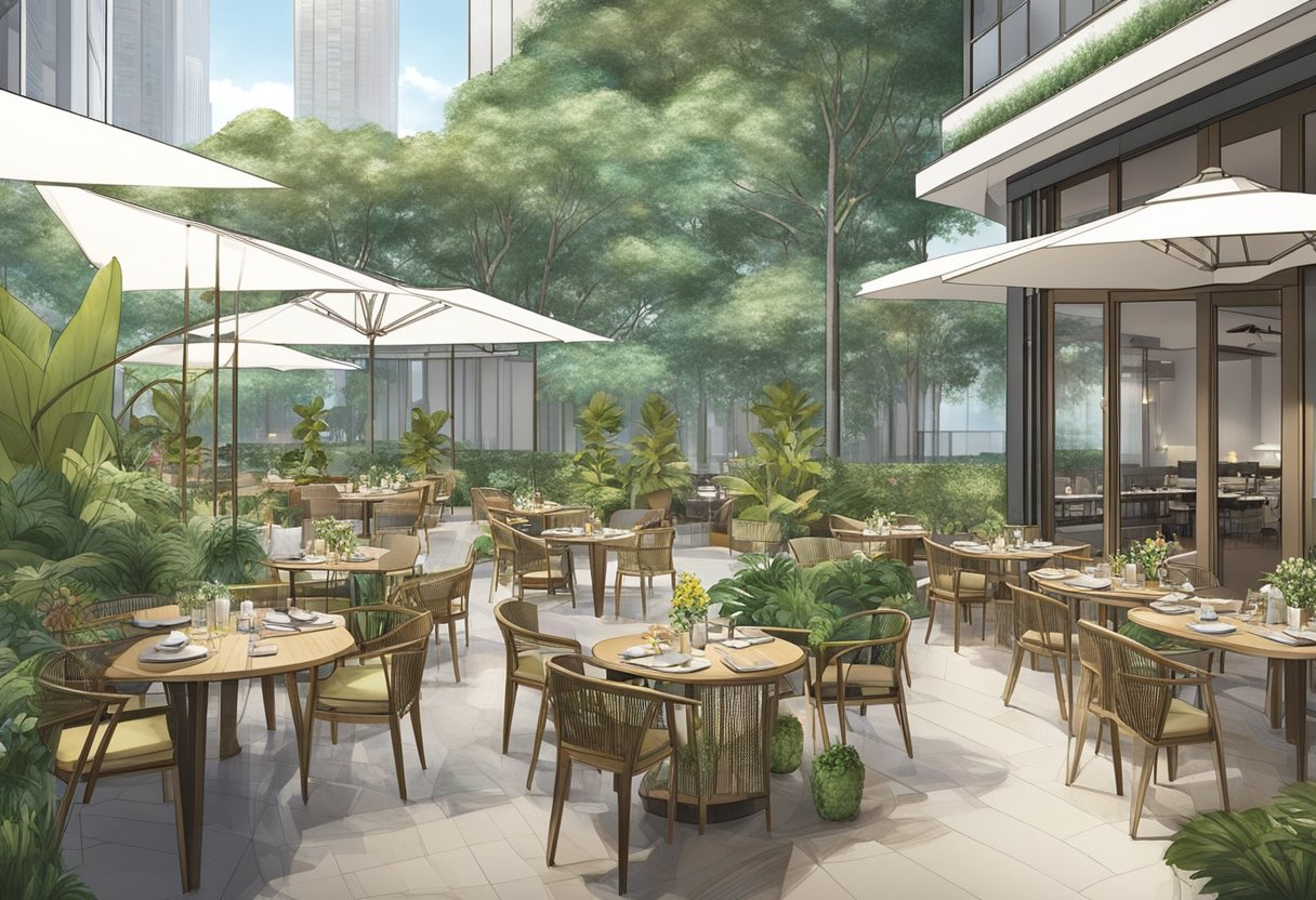 A bustling dining area with modern decor and outdoor seating surrounded by lush greenery at the Ramada by Wyndham Singapore in Zhongshan Park
