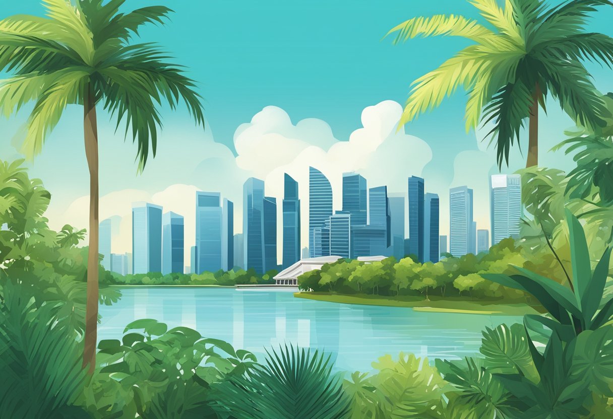 Singapore's land area features urban skyline against lush greenery, with tropical climate evident through palm trees and clear blue skies