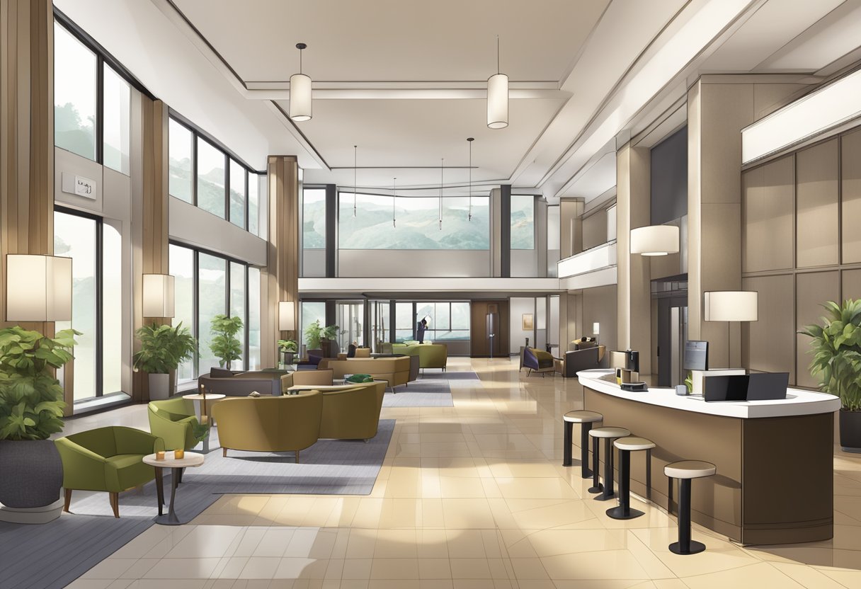 A bustling hotel lobby with a modern design, featuring a reception desk, comfortable seating areas, and a display of brochures and pamphlets