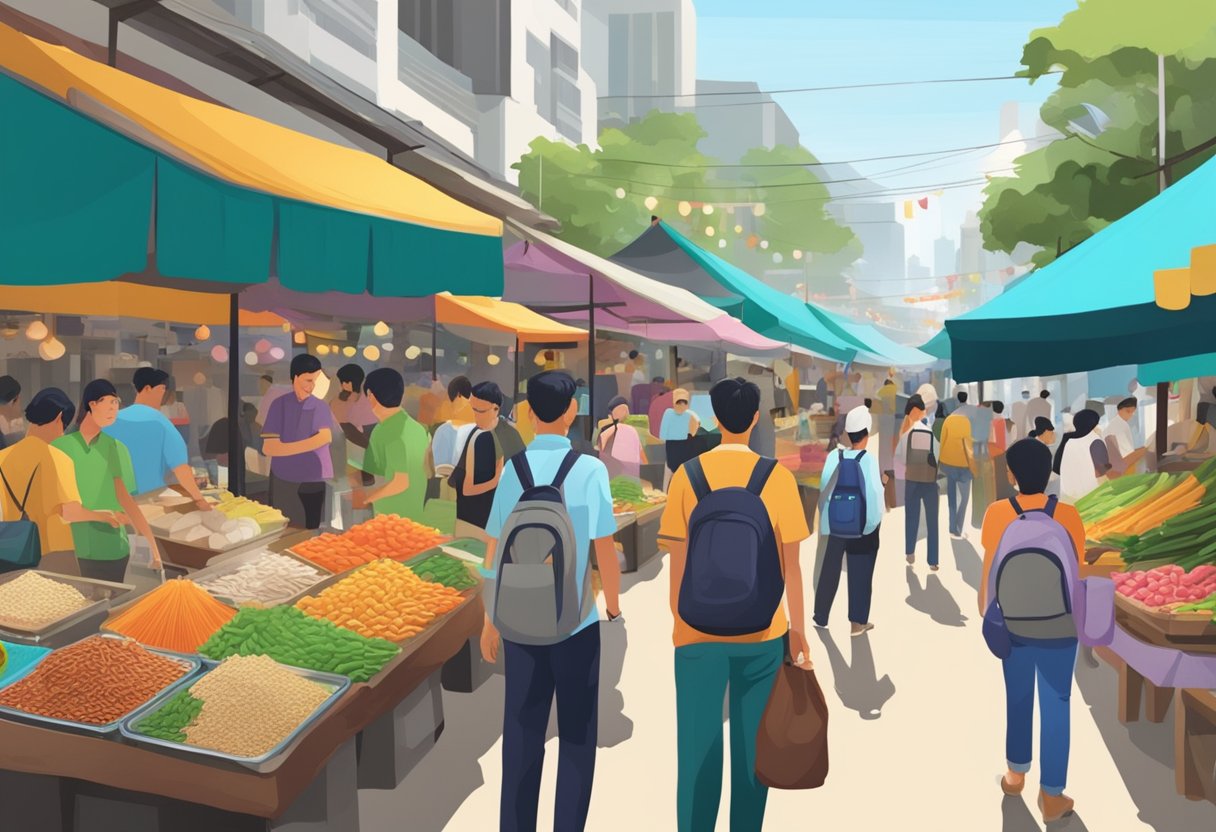 A bustling street market with colorful signs and vendors in North Singapore, with people browsing and asking questions