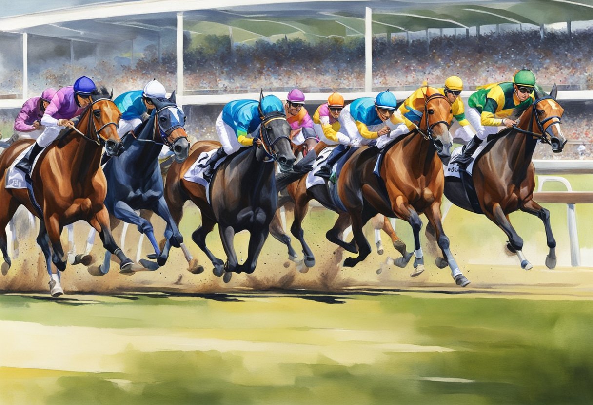 Horses race around the track at Singapore's racecourse, cheered on by a crowd of spectators. The vibrant colors of jockeys' silks and the intense focus of the horses create an electrifying atmosphere