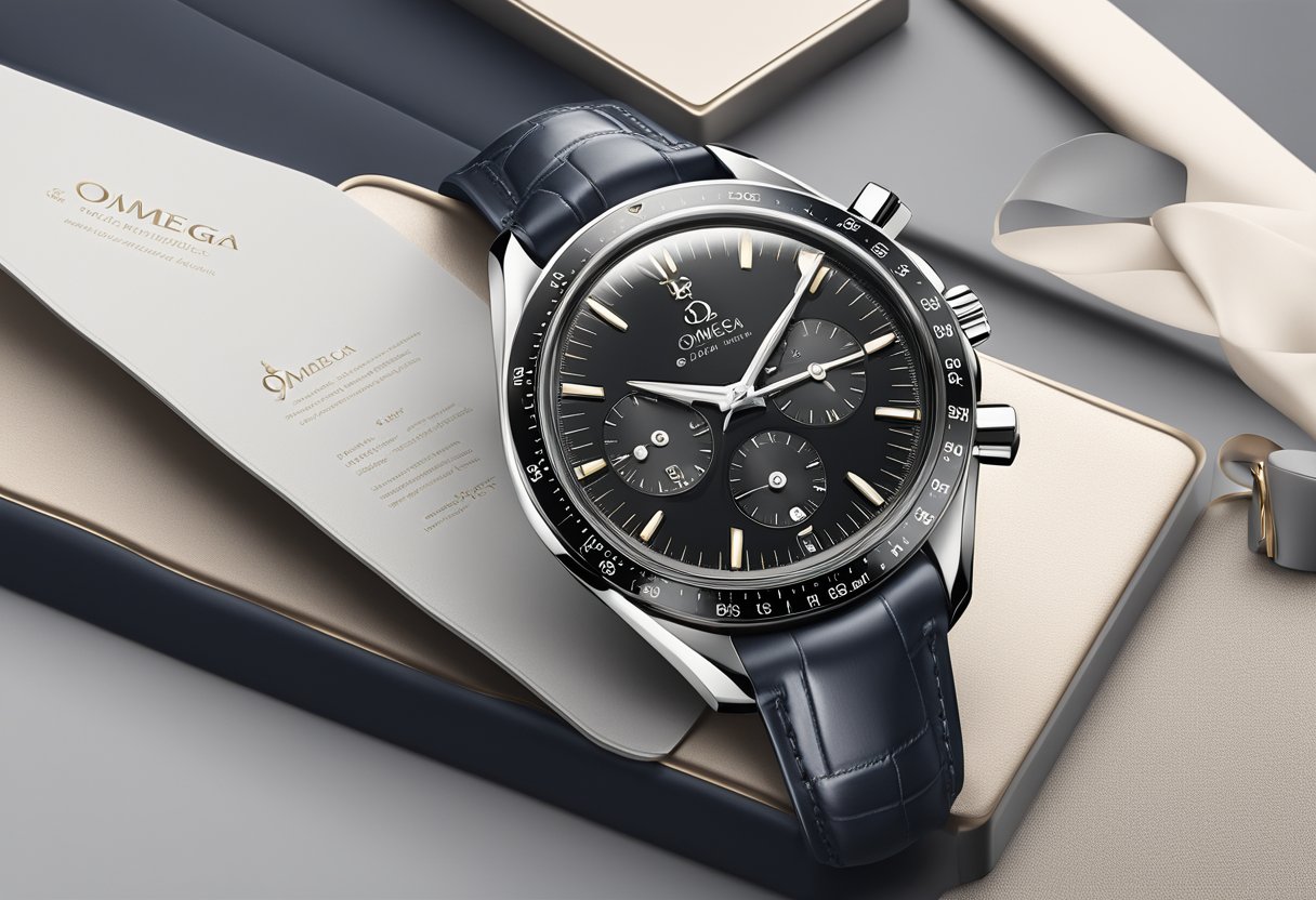 A sleek and modern Omega watch displayed on a luxurious velvet cushion, surrounded by elegant packaging and accompanied by a small information booklet