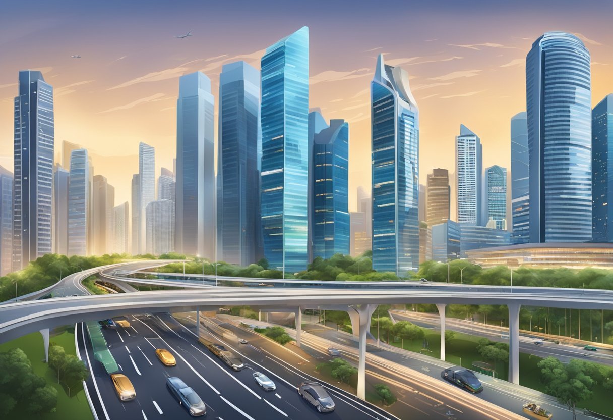 A bustling city with modern skyscrapers, efficient transportation, and well-maintained roads covering the entire land area of Singapore