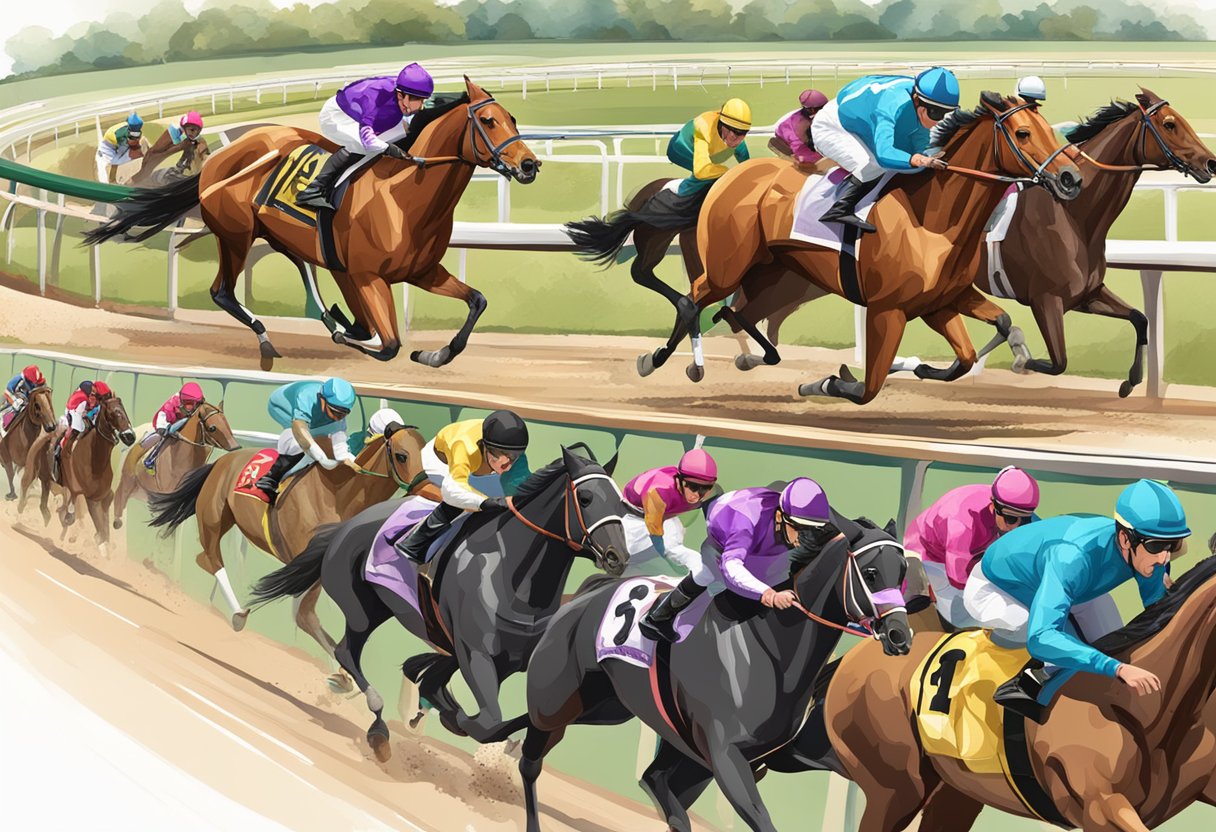 Horses racing around a track, spectators cheering, bookmakers taking bets, and jockeys strategizing