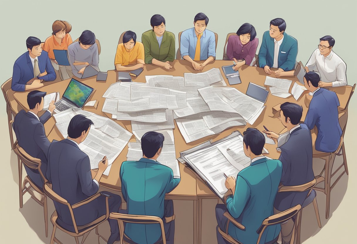 A group of people eagerly studying a list of frequently asked questions about Singapore horse racing tips, with a sense of anticipation and excitement in the air