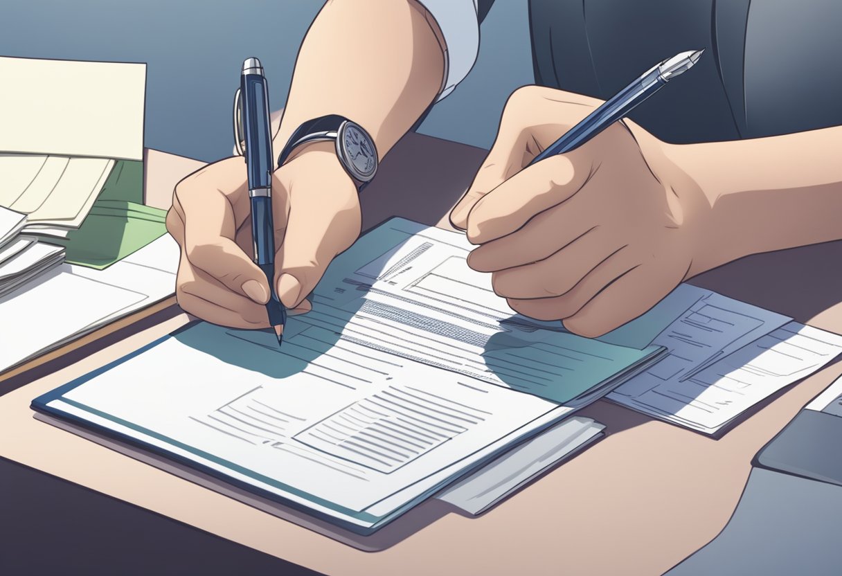 A person filling out a Singapore passport application form at a desk with a pen and documents