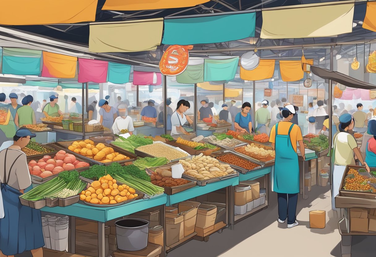 A bustling 24-hour food market in Singapore, with colorful stalls and aromatic dishes being prepared and served