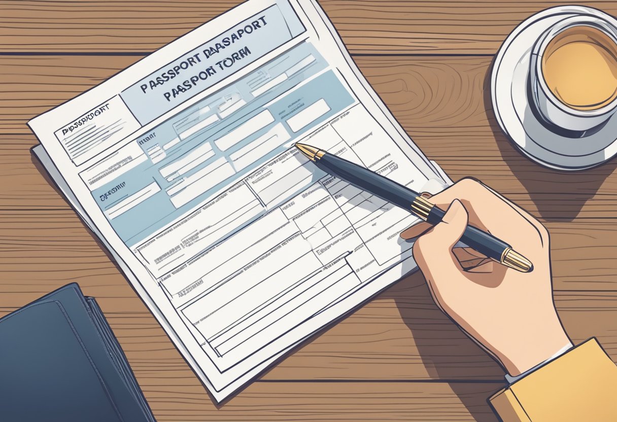 A person filling out a passport application form with required documents laid out on a desk
