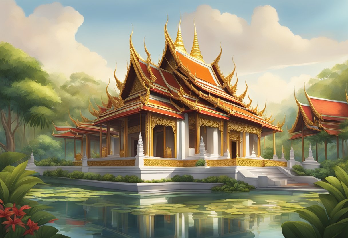 A Thai temple in Singapore, adorned with intricate gold and red details, surrounded by lush greenery and tranquil ponds