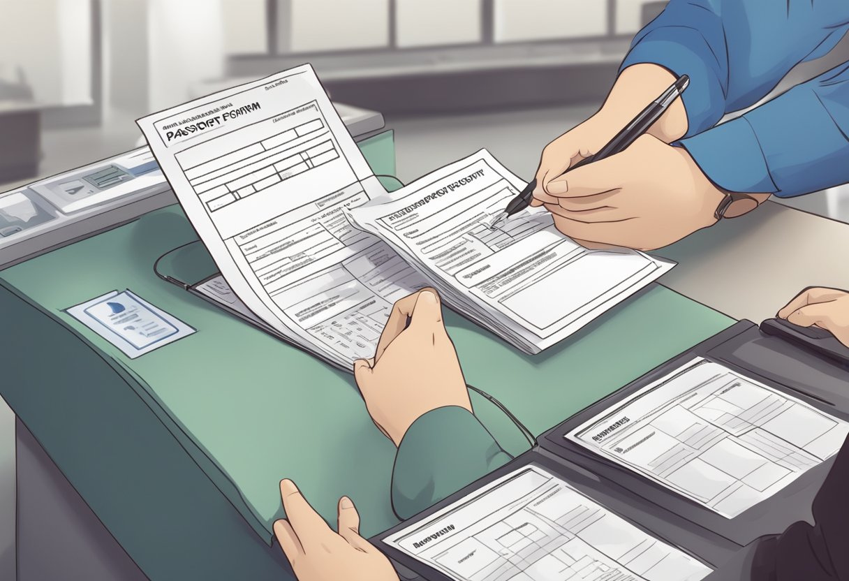 A person filling out a passport application form at a government office counter