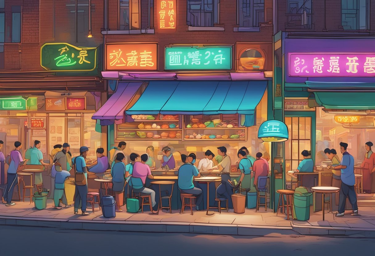 A bustling street corner with colorful neon signs illuminating the entrance of various 24-hour eateries. Steam rises from sizzling woks as chefs prepare a variety of dishes, from spicy noodles to sizzling hotpots